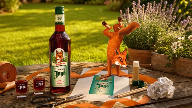 Fläminger Jagd Flasche neben einem illustrierten Fuchs im Handstand. Auf dem  Holztisch liegen ein personalisiertes Fläminger Jagd Etikett sowie Schere, Kleber,  Stifte und Geschenkband.