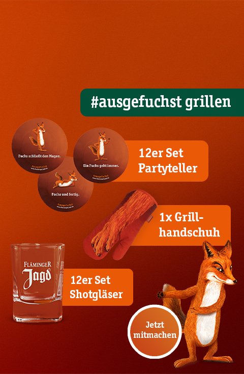 Werbegrafik zum Gewinnspiel „#ausgefuchst grillen“ auf orangefarbenem Hintergrund. Abgebildet sind ein 12er-Set Partyteller mit Fuchs-Motiven und Sprüchen, ein Grillhandschuh mit Fuchs-Design sowie ein 12er-Set Shotgläser mit Fläminger Jagd-Logo. Rechts hält eine gezeichnete Fuchsfigur ein Schild mit der Aufschrift „Jetzt mitmachen“. Unten steht der Hashtag „#ausgefuchst grillen“.