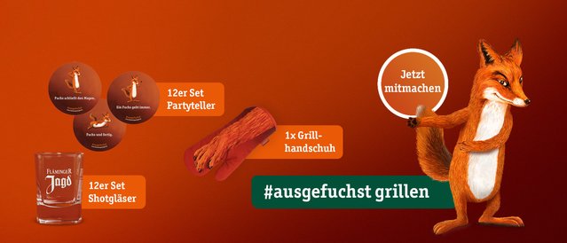 Werbegrafik zum Gewinnspiel „#ausgefuchst grillen“ auf orangefarbenem Hintergrund. Abgebildet sind ein 12er-Set Partyteller mit Fuchs-Motiven und Sprüchen, ein Grillhandschuh mit Fuchs-Design sowie ein 12er-Set Shotgläser mit Fläminger Jagd-Logo. Rechts hält eine gezeichnete Fuchsfigur ein Schild mit der Aufschrift „Jetzt mitmachen“. Unten steht der Hashtag „#ausgefuchst grillen“.
