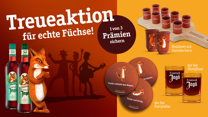 Fuchs, der an zwei Flaschen lehnt. Daneben die Prämien: Holzbrett mit Steichbechern, 6er-Set Shotgläser und 6er-Set Partyteller.