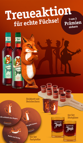 Fuchs, der an zwei Flaschen lehnt. Daneben die Prämien: Holzbrett mit Steichbechern, 6er-Set Shotgläser und 6er-Set Partyteller.