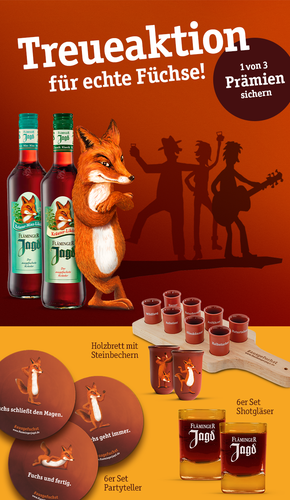 Fuchs, der an zwei Flaschen lehnt. Daneben die Prämien: Holzbrett mit Steichbechern, 6er-Set Shotgläser und 6er-Set Partyteller.