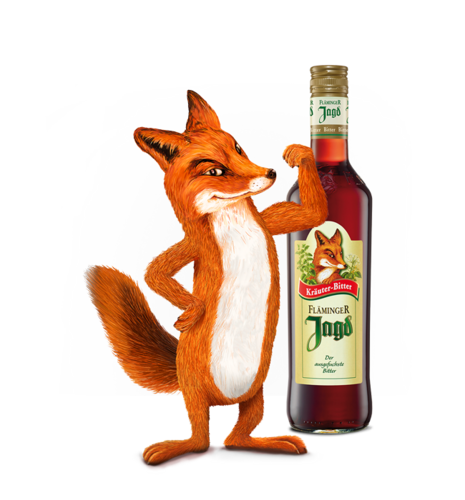 Das Bild zeigt einen stehenden Fuchs mit einer Flasche Fläminger Jagd mit gelbem Etikett