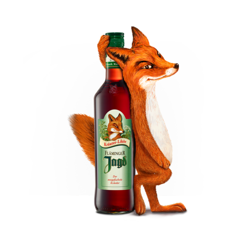 Das Bild zeigt einen Fuchs vor weißem Hintergrund, der sich an eine Flasche Fläminger Jagd mit grünem Etikett lehnt