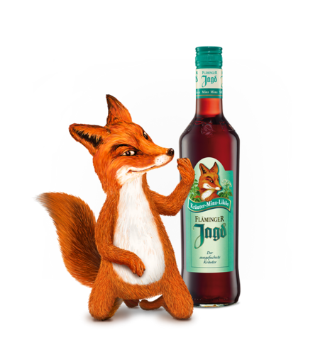 Auf dem Bild ist ein Fuchs vor weißem Hintergrund zu sehen, der neben einer Fläminger Jagd Flasche mit grünem Etikett kniet