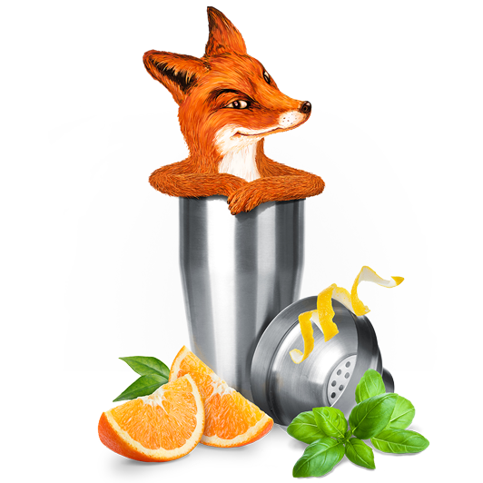 Auf dem Bild ist ein Fuchs zu sehen, der aus einem Cocktailshaker herausschaut. Darum liegen geschnittene Orangenscheiben und Kräuter.