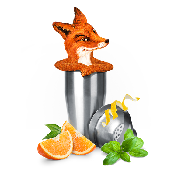 Auf dem Bild ist ein Fuchs zu sehen, der aus einem Cocktailshaker herausschaut. Darum liegen geschnittene Orangenscheiben und Kräuter.
